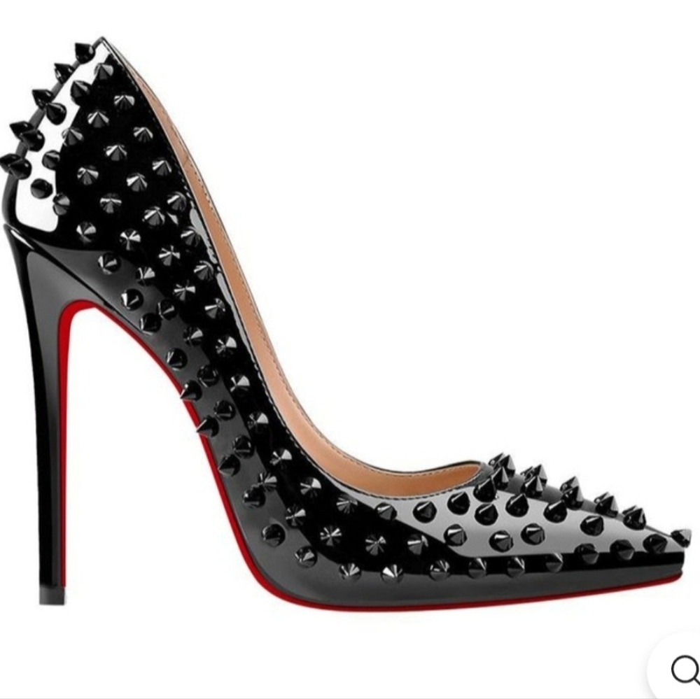 New, similar to red bottoms heels, with spikes, and black patent leather